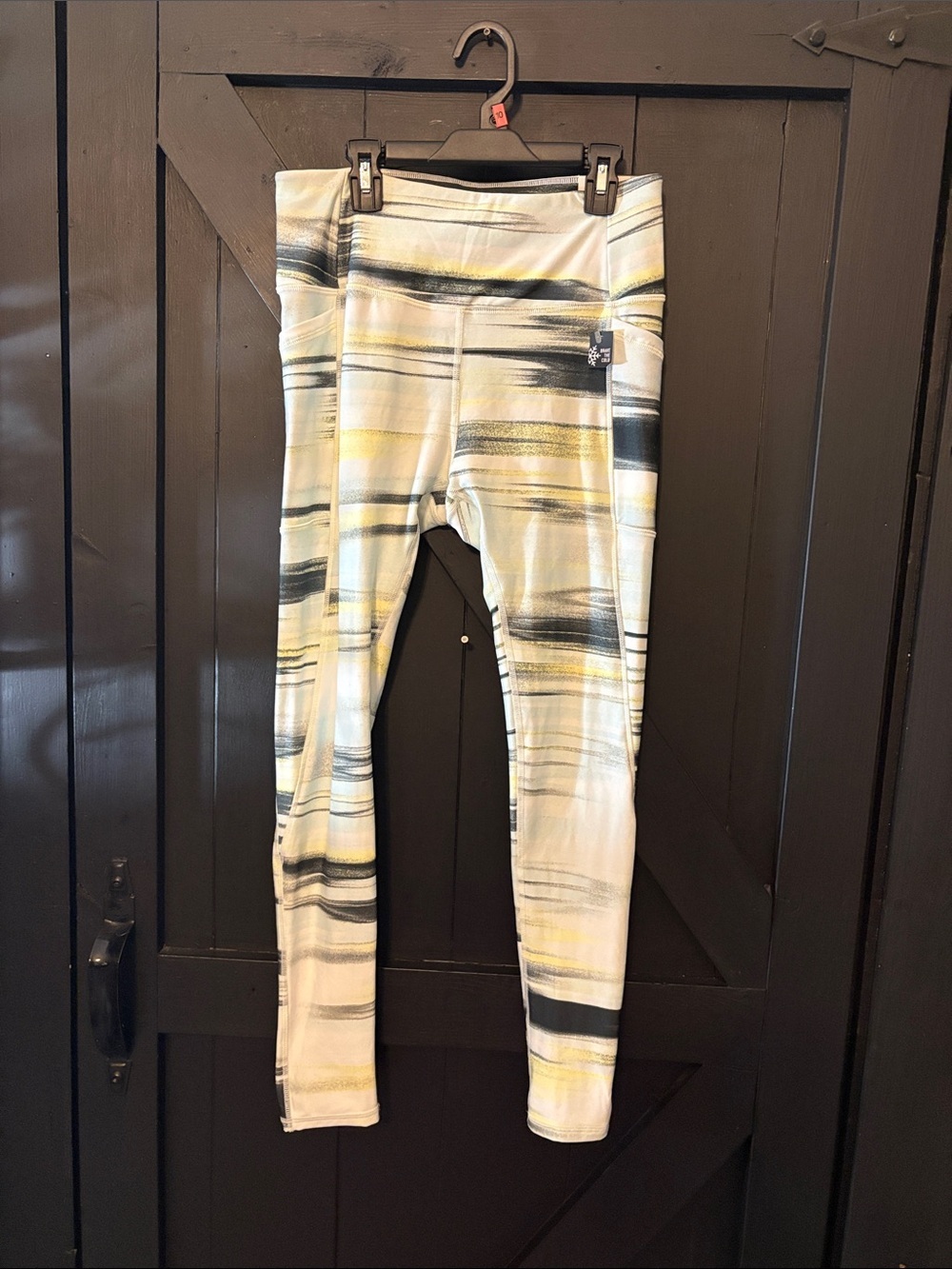 DSG Striped Brushstroke Leggings in White, Black & Yellow Accents